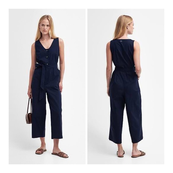 Barbour Pants - Barbour Dark Blue Penrose Button-Down Cotton/Linen Belted Jumpsuit NWT